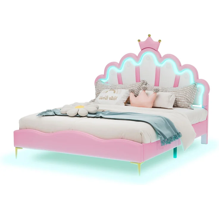 140*200cm Flaches Doppelbett, kronenförmiges Prinzessinnenbett, weiche Polsterung aus PU-Leder, verstellbarer LED-Umgebungslichtstreifen,Rosa – Bild 6