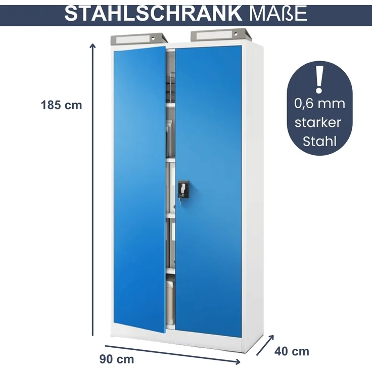 Aktenschrank abschließbar KADO - 5 Ebenen verstellbar, Flügeltüren | Metallschrank Werkstatt Mehrzweckschrank Büroschrank aus Stahl Werkzeugschrank, 185x90x40cm Grau-Blau – Bild 2