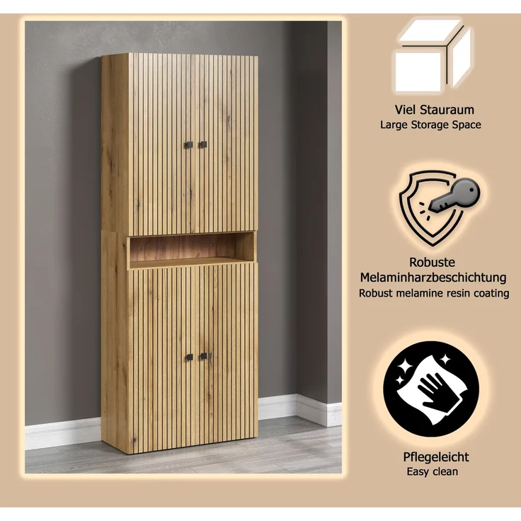trendteam smart living - PureBliss - Waschbeckenunterschrank - Eiche - Waschtisch mit 3 offenen Fächern - (BxHxT) 90 x 91 x 53 cm - Rillenoptik - edle Metallgriffe - 60 cm Aufsatzwaschbecken – Bild 7