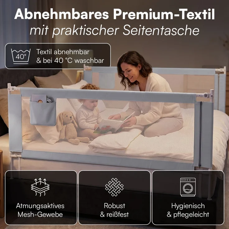 Bellabino 'Drina' Bettschutzgitter mit 2 Sicherheitsgurten, Rausfallschutz klappbar & höhenverstellbar, aus Oxford-Stoff & Metall, 200 cm, hellgrau – Bild 5