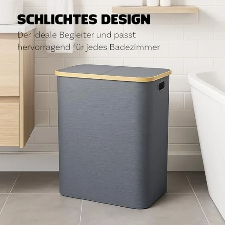 Bestlivings Wäschekorb mit Bambusrahmen inkl. 2 Fächern 54x34x65 cm, 120L, 2-geteilter Deckel, Bezug: 100% Polyester, atmungsaktiv – Bild 5