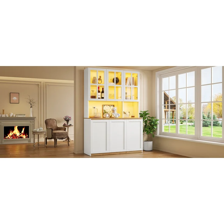 ZUBALIYA Vitrinenschrank 120x200cm, Buffetschrank mit LED-Beleuchtung, Küchenschrank mit Glasrahmentüren, Weiß mit Holzoptik, großer Wohnzimmerschrank als Barschrank, Geschirrschrank und Aufbewahrungsschrank – Bild 16