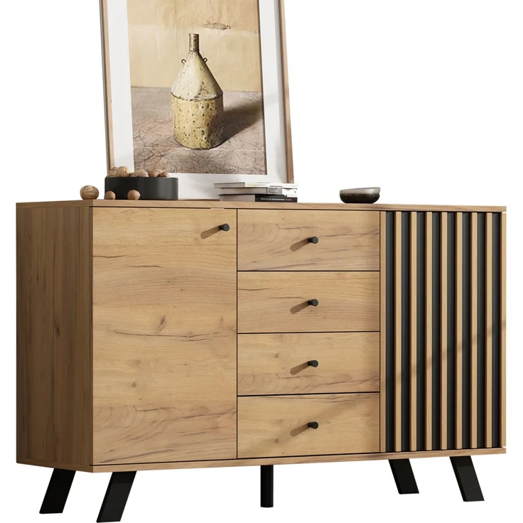 DESVIAE Sideboard mit 4 Schubladen und 2 Schränken 120x75x38 cm MDF Schwarz/Naturholz – Bild 7