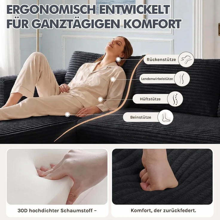 COMHOMA Ecksofa mit Schlaffunktion, 228cm Corduroy Modulares Boneless Couch mit Chaiselongue & Rücken-Metallgestell, L-Form Schlafsofa mit offenem Design, Kissen & Seitentaschen,für Wohnzimmer,Schwarz-R – Bild 10