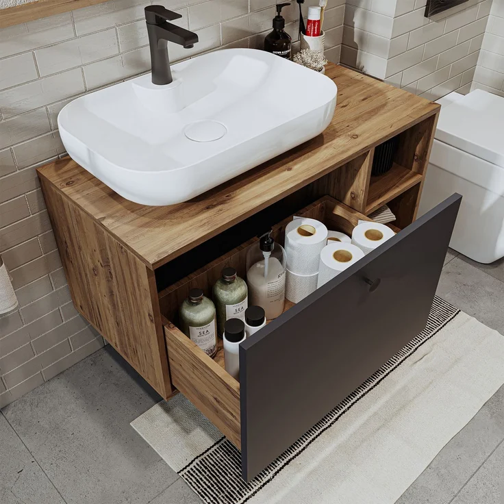 Skye Decor '2515' Badezimmerschrank mit Waschbecken, Atlantik-Kiefer / Anthrazit, 95 x 45 x 45 cm – Bild 4