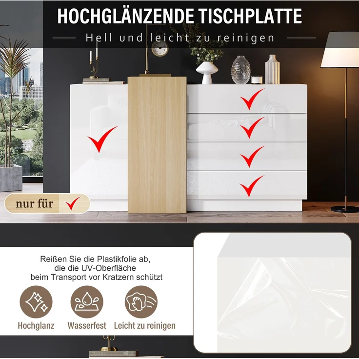DESVIAE Sideboard mit 4 Schubladen und 2 Türen, 140x76,5x35 cm, MDF, Weiß hochglänzend – Bild 6