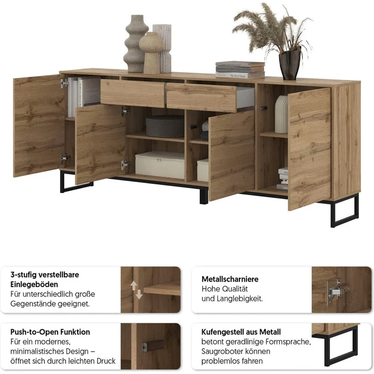OTTO home Sideboard Loft, Breite 208,5 cm, grifflose Kommode 4 Türen/2 Schubkästen, Schubladenschrank mit viel Stauraum, Einlegeböden verstellbar – Bild 4