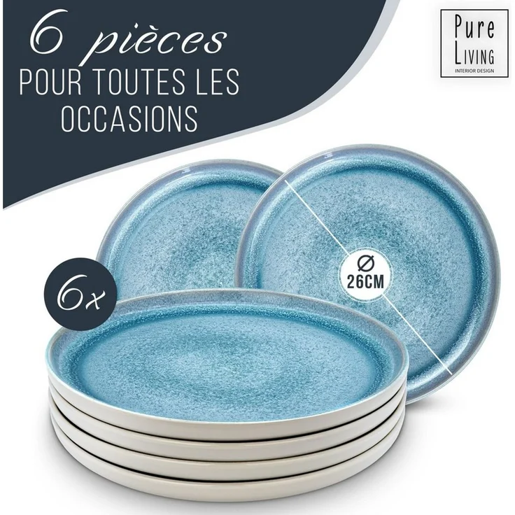 PURE LIVING INTERIOR DESIGN Geschirr-Set Pure Living Speiseteller 6er 26cm »Ibiza«, Steingut, Blau, 6 Personen, Steingut, Mediterrane Handwerksoptik, Reaktive Glasur – jedes Stück einzigartig… – Bild 2