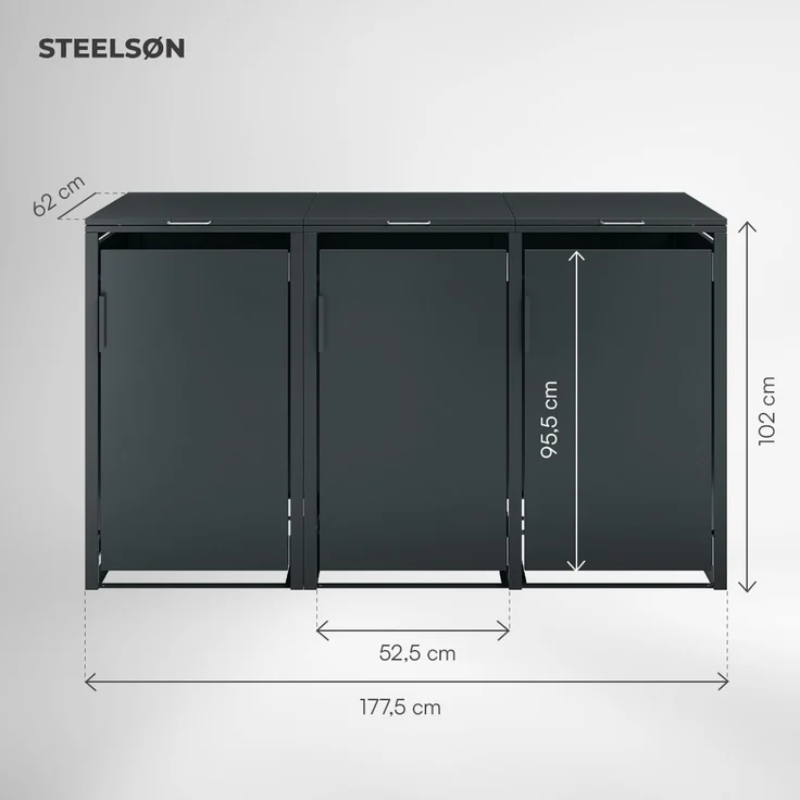 STEELSØN 'Thoria' Mülltonnenbox 3er je 120 Liter, anthrazit, Mülltonnenverkleidung aus Stahl, wetterfest, 102x62x177,5 cm, Müllbox für 3 Tonnen – Bild 5