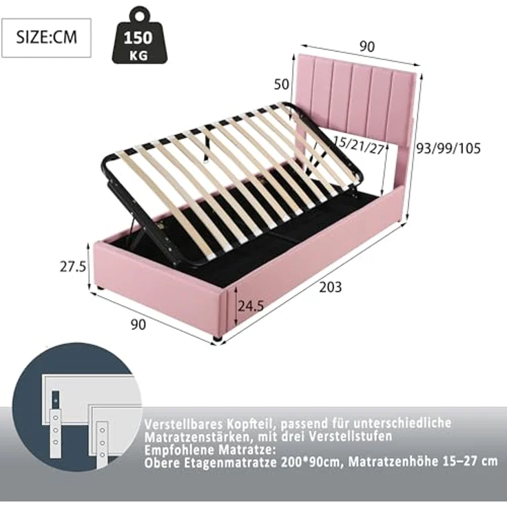 FAVSH Boxspringbett Einzelbett 90 x 200 cm - Hydraulisches Stauraumbett mit Lattenrost, Polsterbett mit Stauraum für Kinderbett Jugendbett mit Verstellbares Kopfteil, Leinen (Rosa) – Bild 2