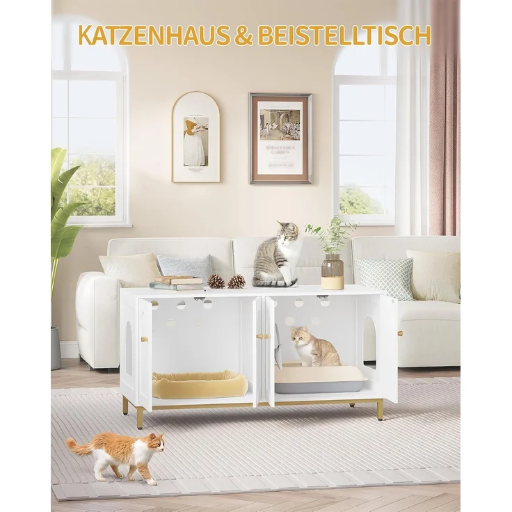 Katzenschrank für 2 Katzen, 119cm Versteckte Katzentoilettenmöbel, Hölzernes Haustierhaus, Aufbewahrungsschrankbank, Passend für die Meisten Katzentoilettenkä, Weiß und Gold – Bild 6