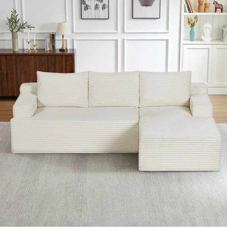 Ecksofa aus Cord, mit Schaumstoff und Taschenfederkern, 238x152x66 cm, Beige – Bild 2