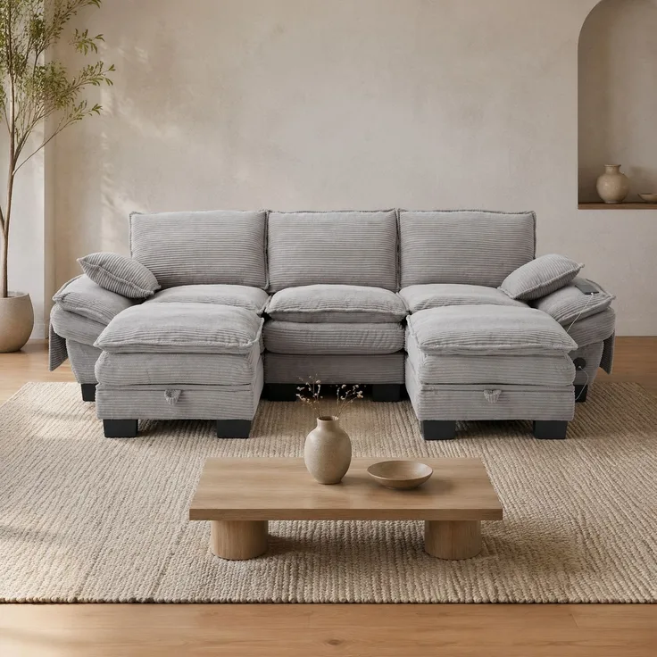 DESVIAE Sofa 3-Sitzer mit 2 Hockern, USB-C-Anschluss, Cord 260x84x132 cm Hellgrau