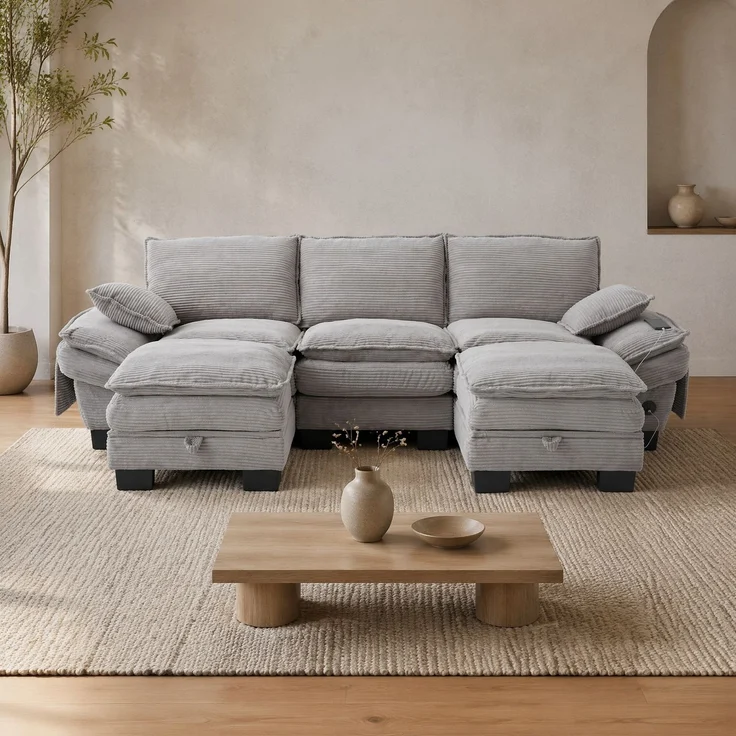 DESVIAE Sofa 3-Sitzer mit 2 Hockern, USB-C-Anschluss, Cord 260x84x132 cm Hellgrau – Bild 1