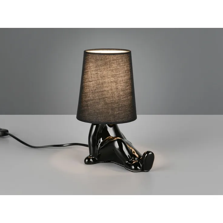 LED Tischlampe Keramik Schwarz mit Stoffschirm, Höhe 24,5cm