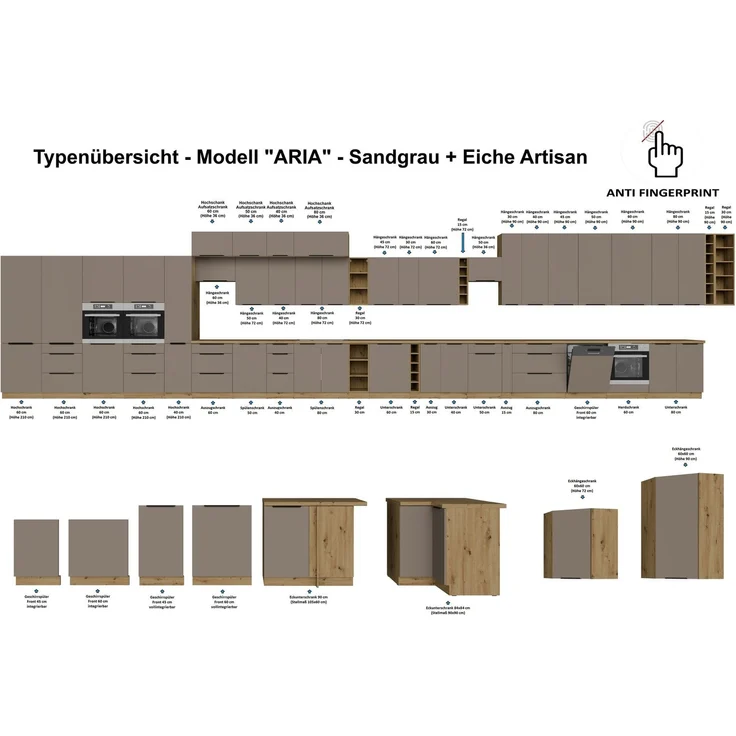 Küchen Hängeschrank 30 cm - Höhe 90 cm ARIA Sandgrau ultra matt + Eiche Artisan matt, hochwertige Fronten mit Anti Fingerprint Beschichtung Küchenzeile Küchenblock – Bild 5