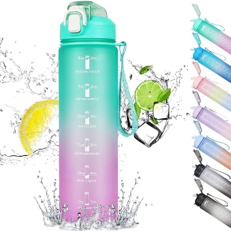 CodiCile Trinkflasche 1L mit Strohhalm Zeitmarkierung BPA-frei – Bild 1
