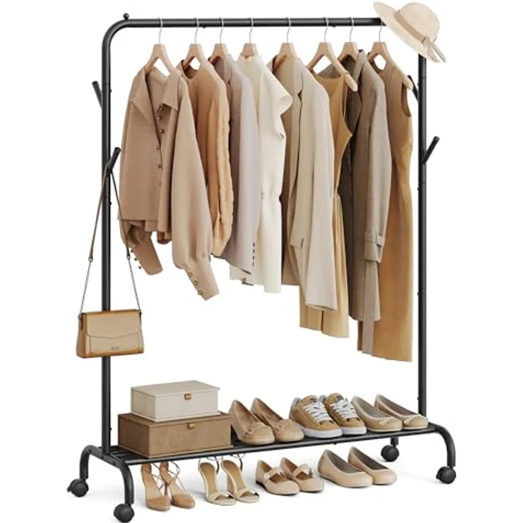 SONGMICS Kleiderständer auf Rollen, Kleiderstange, Garderobenstange, Garderobenständer aus Stahlrohren, 103,5 cm breit, multifunktionale Aufbewahrung, tintenschwarz HSR131B01 – Bild 2
