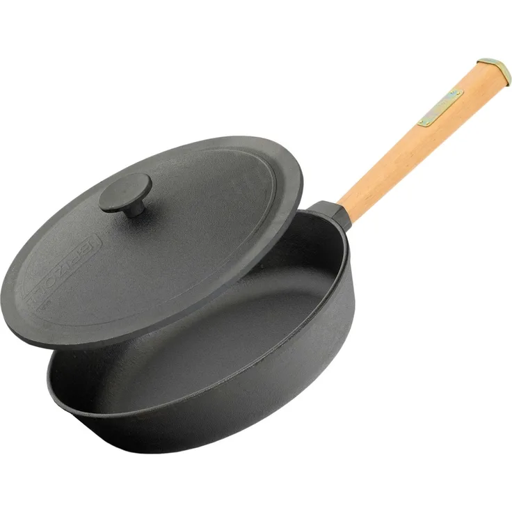 Ø22cm 43mm hoch Gusseisenpfanne mit Holzgriff und Gusseisen Deckel Induktion Bratpfanne