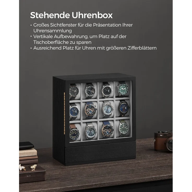 SONGMICS Uhrenbox 12 Fächer, Uhrenkasten mit Fenster, Uhren-Präsentation, Massivholzfurnier, Samtfutter, vertikale Aufbewahrung, platzsparend, Geschenkidee, ebenholzschwarz JOWDE014B01 – Bild 2