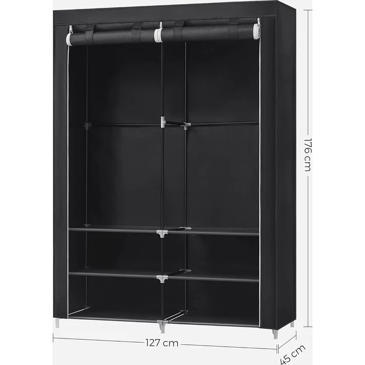Songmics Kleiderschrank, 2 Hängefächer, mit Ablagen, 4 Seitentaschen, Stoff schwarz, 45 x 127 x 176 cm – Bild 3
