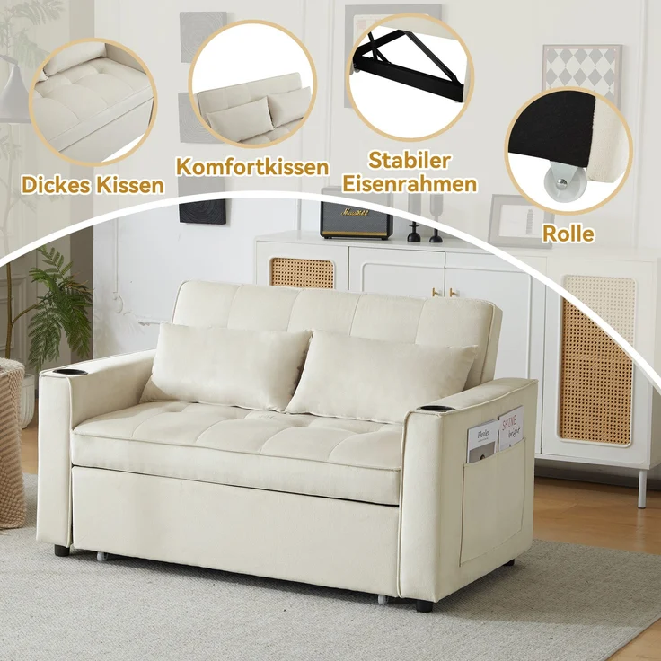 Multifunktions-Schlafsofa Samt Beige, 3-fach verstellbar mit Getränkehalter, 137x76,5x83 cm – Bild 6