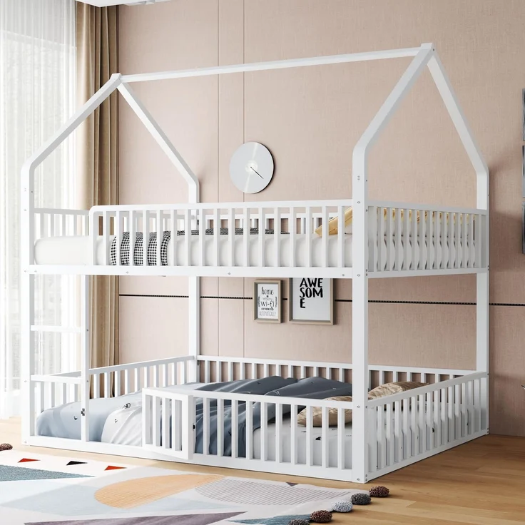Ball & Cast Stockbett (140x200cm) mit Hohem Geländer, Metal Etagenbett mit Kleiner Tür zum Öffnen und Schließen, EStabil & Rauschlos, Weiß