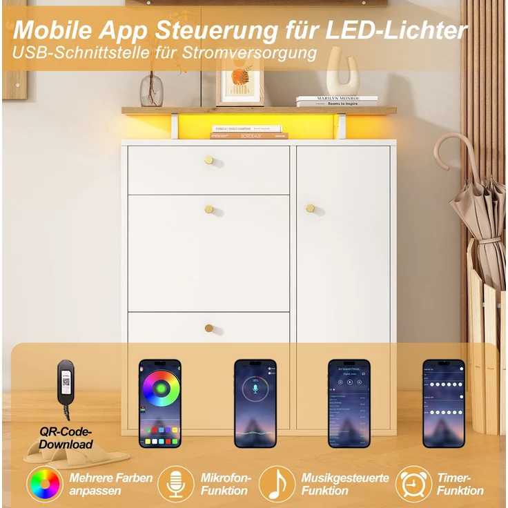 DESVIAE Garderobenschrank 3-tlg. mit LED-Beleuchtung und Spiegel 105x151,5x25 cm Spanplatte Weiß – Bild 6