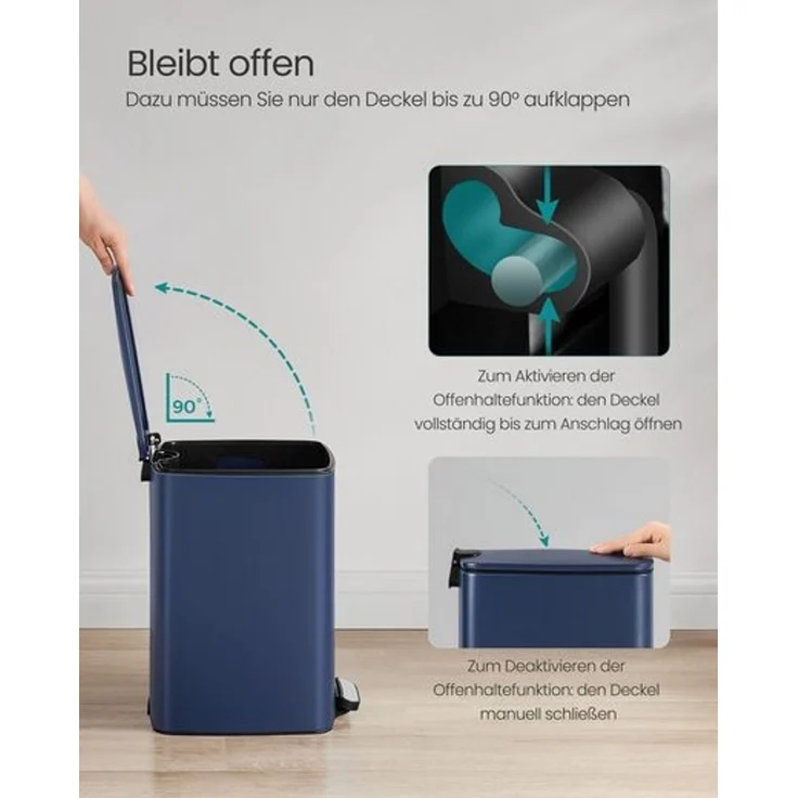Songmics Mülleimer Küche, 20 Liter, Stahl, mit Inneneimer, Softclose, Offenhaltefunktion, mitternachtsblau, 34 x 28,5 x 40,4 cm – Bild 4
