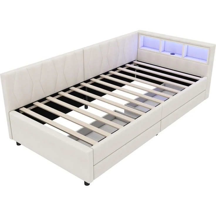 Merax Daybett, 90*200cm, Tagesbett, Schlafsofa, Ablagefach am Bett, USB+Typ C, Fernbedienung für LED-Umgebungslicht, Bett mit zwei Schubladen, Bett mit Lattenrost (ohne Matratze), Leinen, Beige – Bild 9