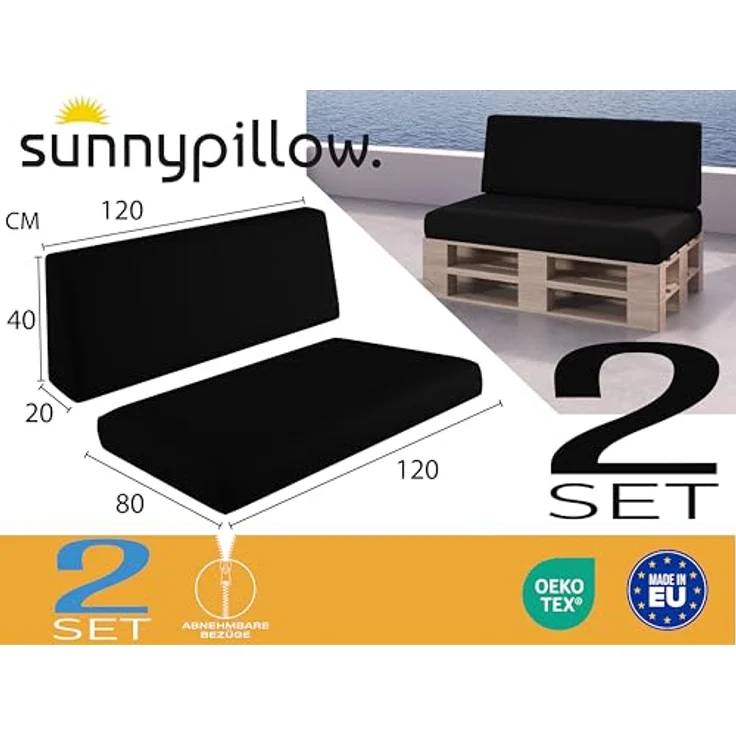sunnypillow Palettenkissen Milano - 2er Set Palettenauflage mit abnehmbarem Bezug Kaltschaum, 2er Set Sitz- und Rückenkissen – Bild 3