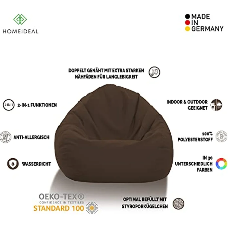 HomeIdeal - Sitzsack XXL Bodenkissen für Erwachsene & Kinder - Geeignet für Gaming oder Entspannen - Indoor wie Outdoor da er Wasserfest ist - mit EPS Perlen, Farbe:Braun, Größe:XXXL – Bild 3