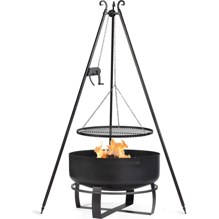 Cook King Stahl SET: Feuerschale XXL „VIKING“ 80 cm mit Schwenkgrill 180 cm mit Kurbel und Grillrost aus Rohstahl 70 cm Schwarz
