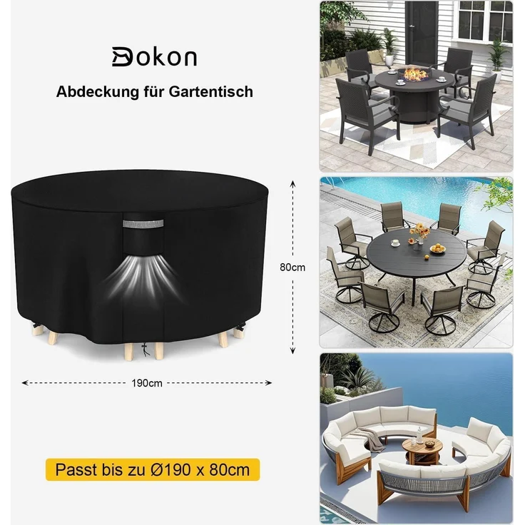 Dokon Abdeckung Gartenmöbel Wasserdicht Winterfest 420D Oxford Rund Ø190x80cm – Bild 2
