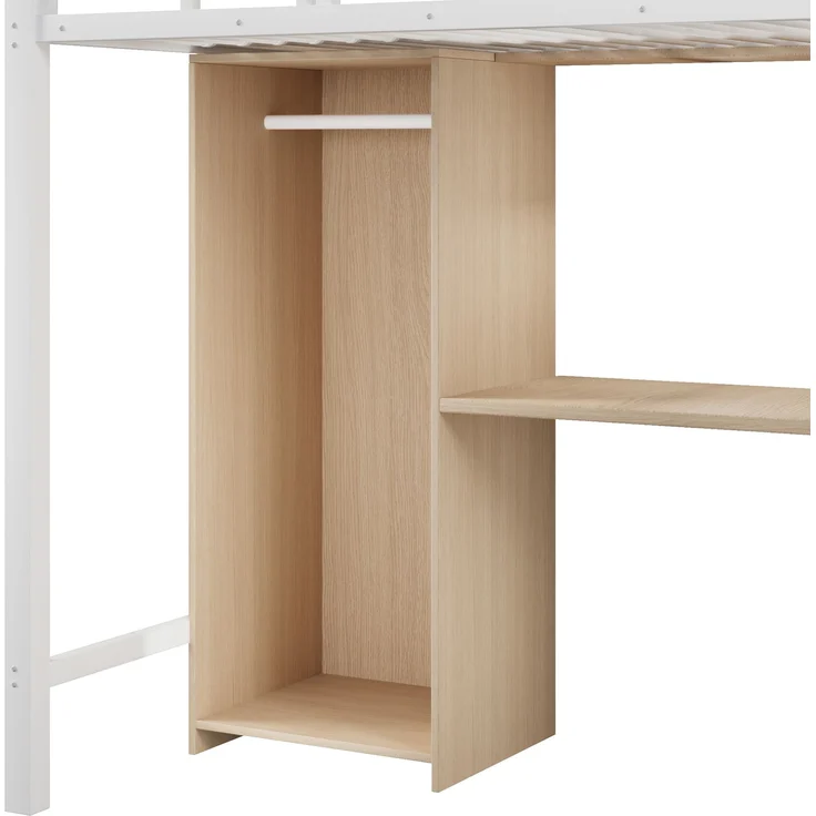 Metall-Hochbett 90×200cm mit integriertem Schreibtisch, Kleiderschrank & Stauraumtreppe, Stahl+E1-MDF, Weiß, ohne Lattenrost+Matratze, Gesamt L251,2 × T98 × H171 cm – Bild 9
