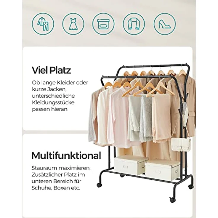 SONGMICS Kleiderständer auf Rollen, 2 Kleiderstangen, Garderobenstange, Garderobenständer aus Stahlrohren, bis 100 kg belastbar, 103,5 cm breit, multifunktionale Aufbewahrung, schwarz HSR107B01 – Bild 4