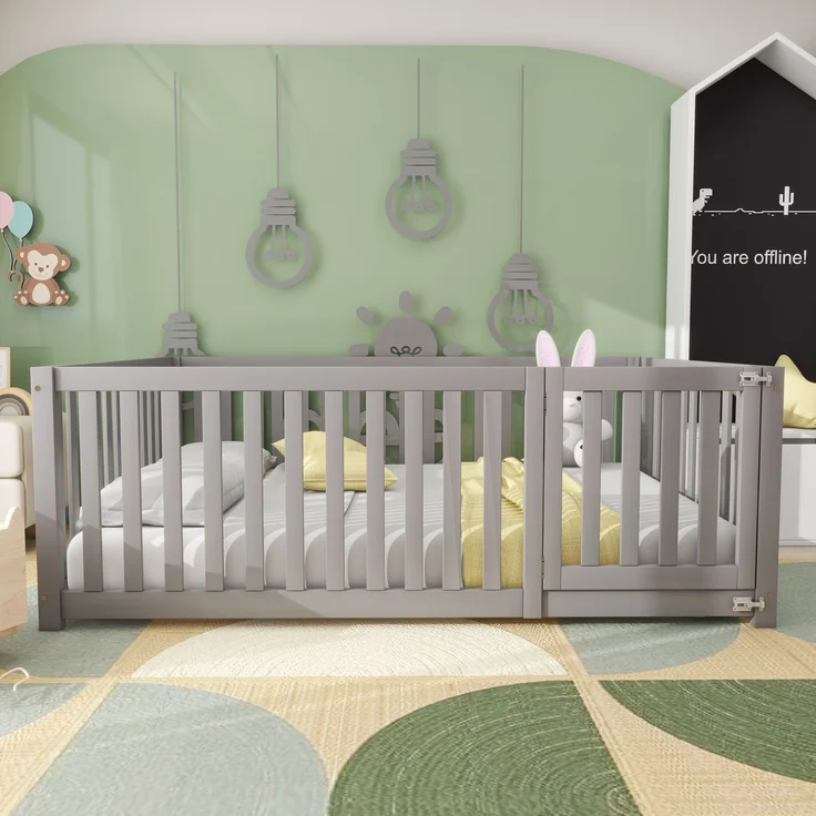 Kinderbett 140 x 200, Holzboden Bettrahmen mit Zaun und Tür, Grau (Alte SKUs:WF321564AAG) – Bild 3