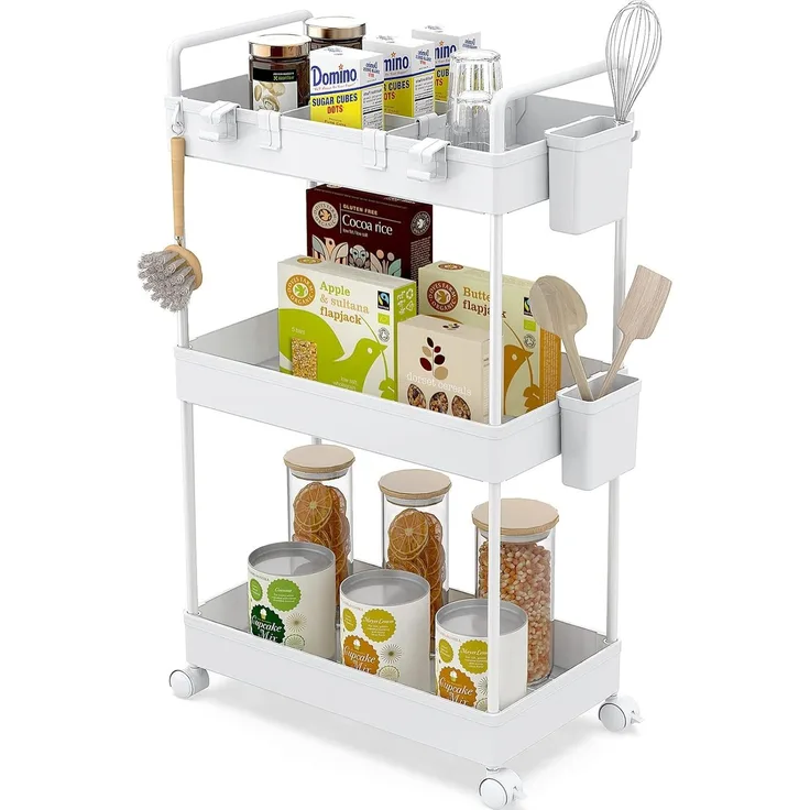 Ronlap Rollwagen Küchewagen mit 3 Ebenen, Servierwagen mit Aufhängebecher, Separator, Haken, Regal auf Rollen für Küche, Schlafzimmer, Büro, Weiß