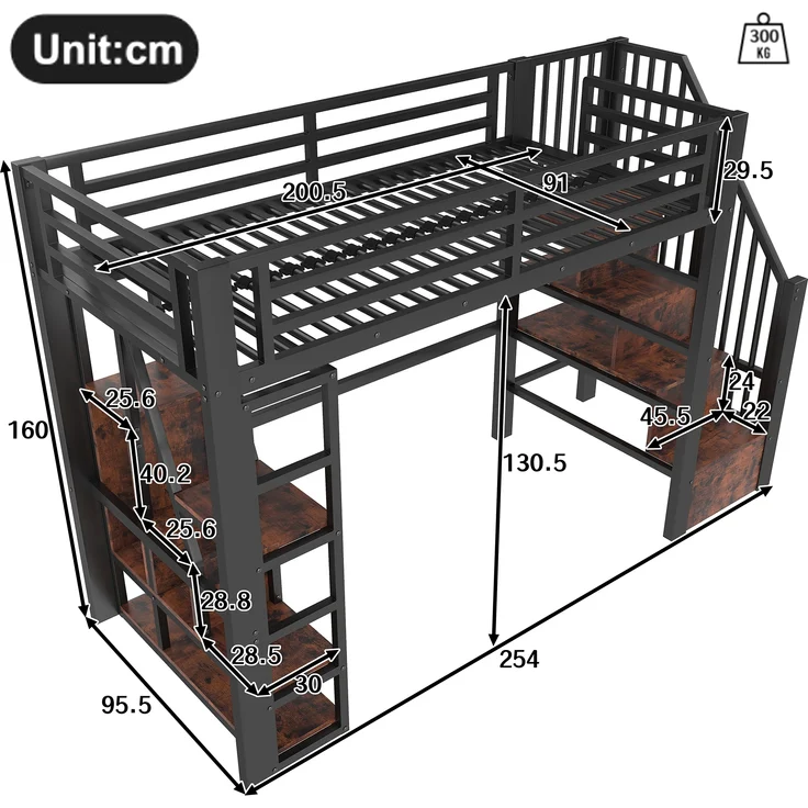 Hochbett,Eisenrahmen Ablagefach integrierte Stufen Schutzgeländer Leiter mit LED-Lichtleiste offener Stauraum unter dem Bett Matratze nicht im Lieferumfang enthalten,Eisen,schwarz,90 x 200 cm – Bild 9