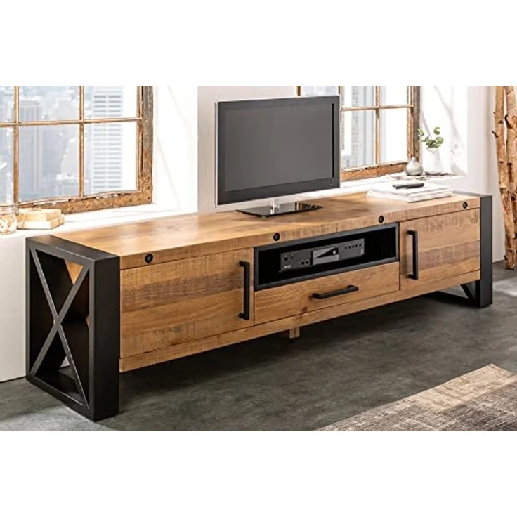 riess-ambiente Lowboard THOR 200cm natur / schwarz, Wohnzimmer · recyceltes Massivholz · Pinie · Industrial Design – Bild 2