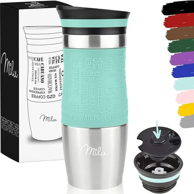 Milu Thermobecher Isolierbecher Kaffeebecher to go - 370ml - 100% Auslaufsicher - Trinkbecher aus Edelstahl - Autobecher doppelwand Isolierung - Thermo Becher - Travel Mug - (Türkis, 370ml) – Bild 2