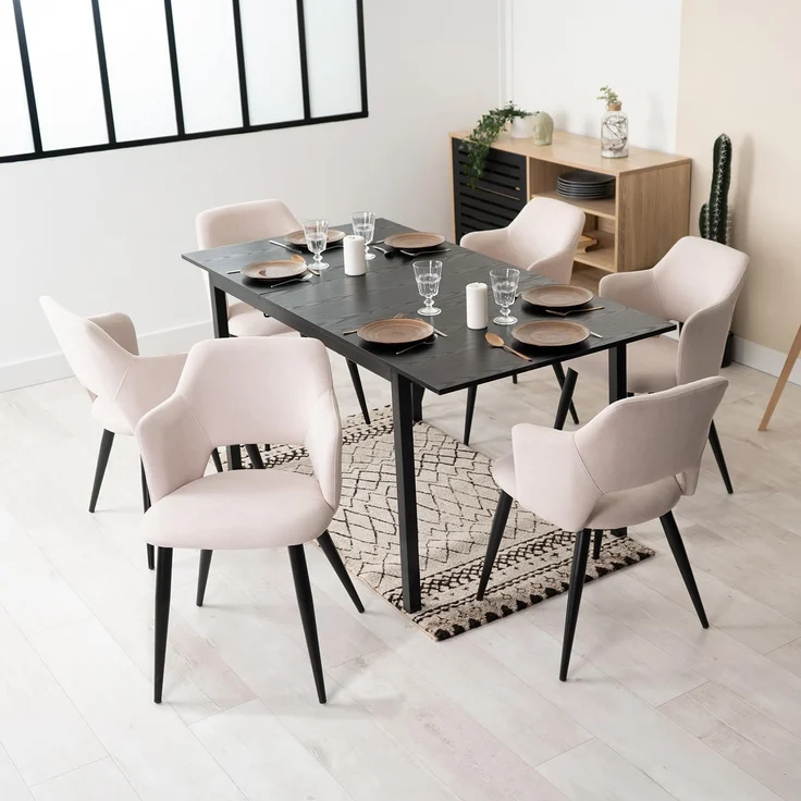 MEUBLE COSY Esstisch mit 6 Esszimmerstühle, Essgruppen, 7er-Set, Ausziehbarer Esstisch, Küchentisch mit 6 Essstühlen, Stahlgestell, für Esszimmer Küche Wohnzimmer, Schwarz + Beige – Bild 2