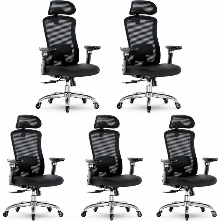 Marsail Bürostuhl mit 6D-Armlehnen, 3D-verstellbarer Kopfstütze, Schiebesitz, Lendenwirbelstütze, 4-Position-Neigungsschloss – hoher und großer Schreibtischstuhl mit Kapazität von 150kg, Schwarz, 5PCS