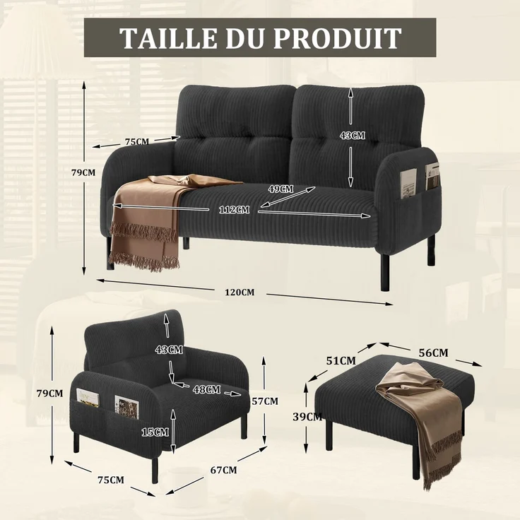 3-teilige Cord-Sitzgruppe aus 2-Sitzer-Sofa, Sessel und Hocker, gepolstertes Lounge-Set mit Seitentasche und Metall-Holz-Gestell, Grau – Bild 2