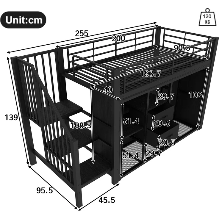 Hochbett 90×200 cm aus Metall mit LED-Beleuchtung, schwarz – Bild 3