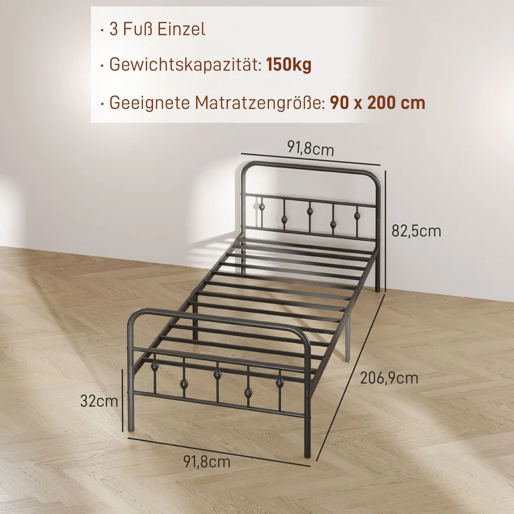 Einzelbettgestell aus Metall, leichte Montage, mit geräuschreduzierenden Gummikits, Schwarz--Schwarz--206.9x91.8x82.5cm--YOUDENOVA – Bild 5