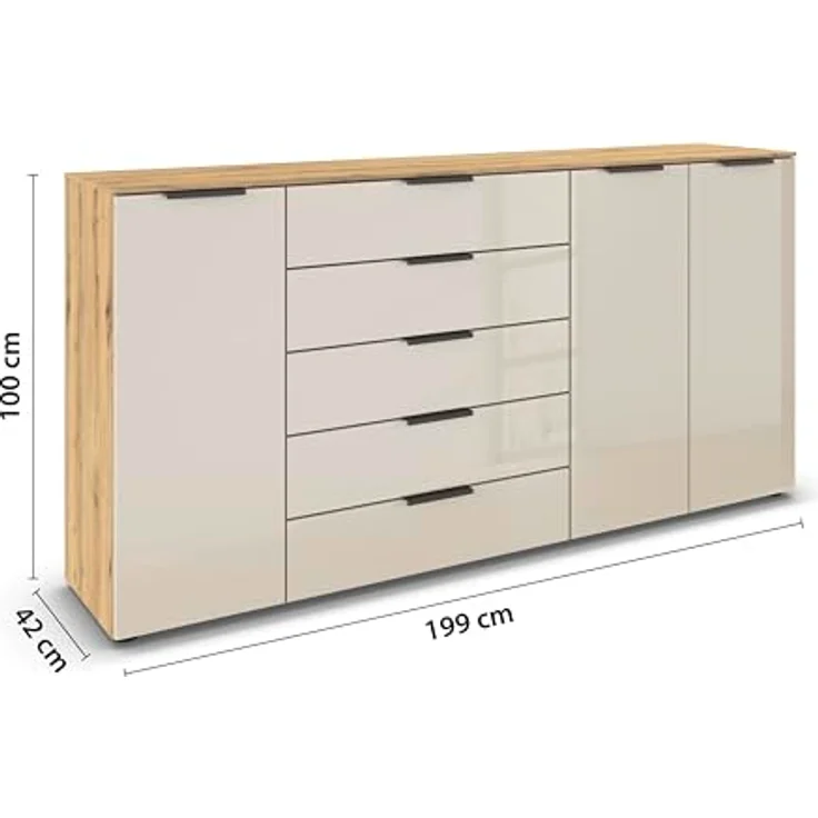 Rauch Möbel Flipp, Kommode für Schlafzimmer, Kinderzimmer, Wohnzimmer, Flur, Garderobe, 3-türig, 5 Schubladen, mit Softclose-Funktion, Farbe Eiche Artisan, Holz/Glas Beige, Breite 199 cm – Bild 4