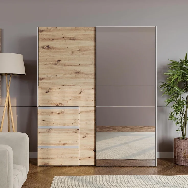 Forte Winn 2 Kleiderschrank 170, Skandi-Style Schwebetürenschrank, 2-türig, 3 Schubladen, Spiegel, Schlafzimmer, Artisan Eiche Holzdekor, 170,3 cm breit x 200,5 cm hoch x 61,2 cm tief