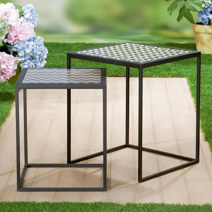 GILDE 2er Set Beistelltisch Circo - quadratisch - Metall - schwarz - Hahnentrittmuster - Höhe 43cm x Ø 36cm