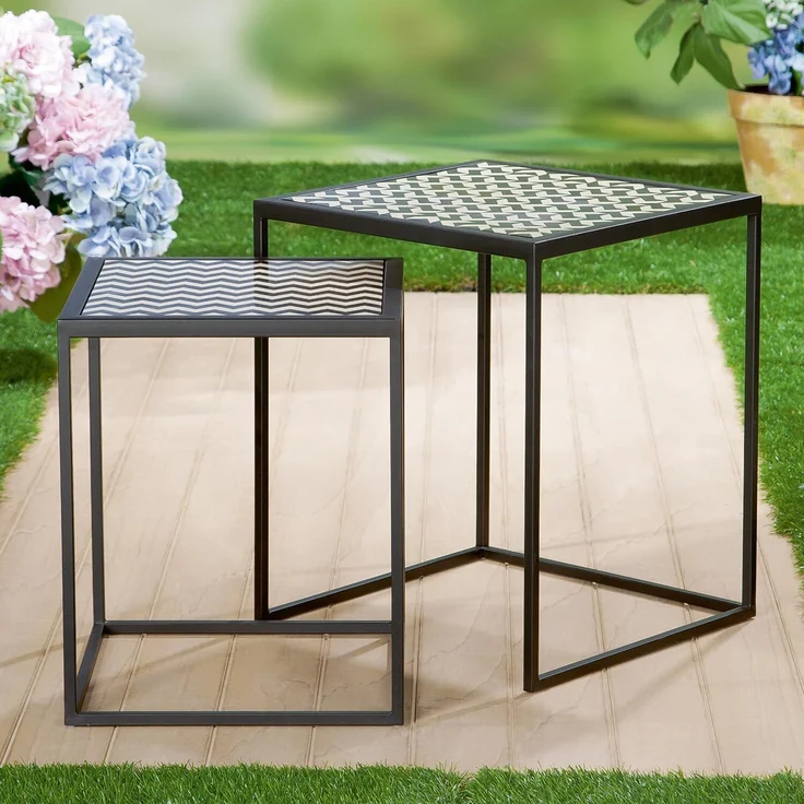 GILDE 2er Set Beistelltisch Circo - quadratisch - Metall - schwarz - Hahnentrittmuster - Höhe 43cm x Ø 36cm